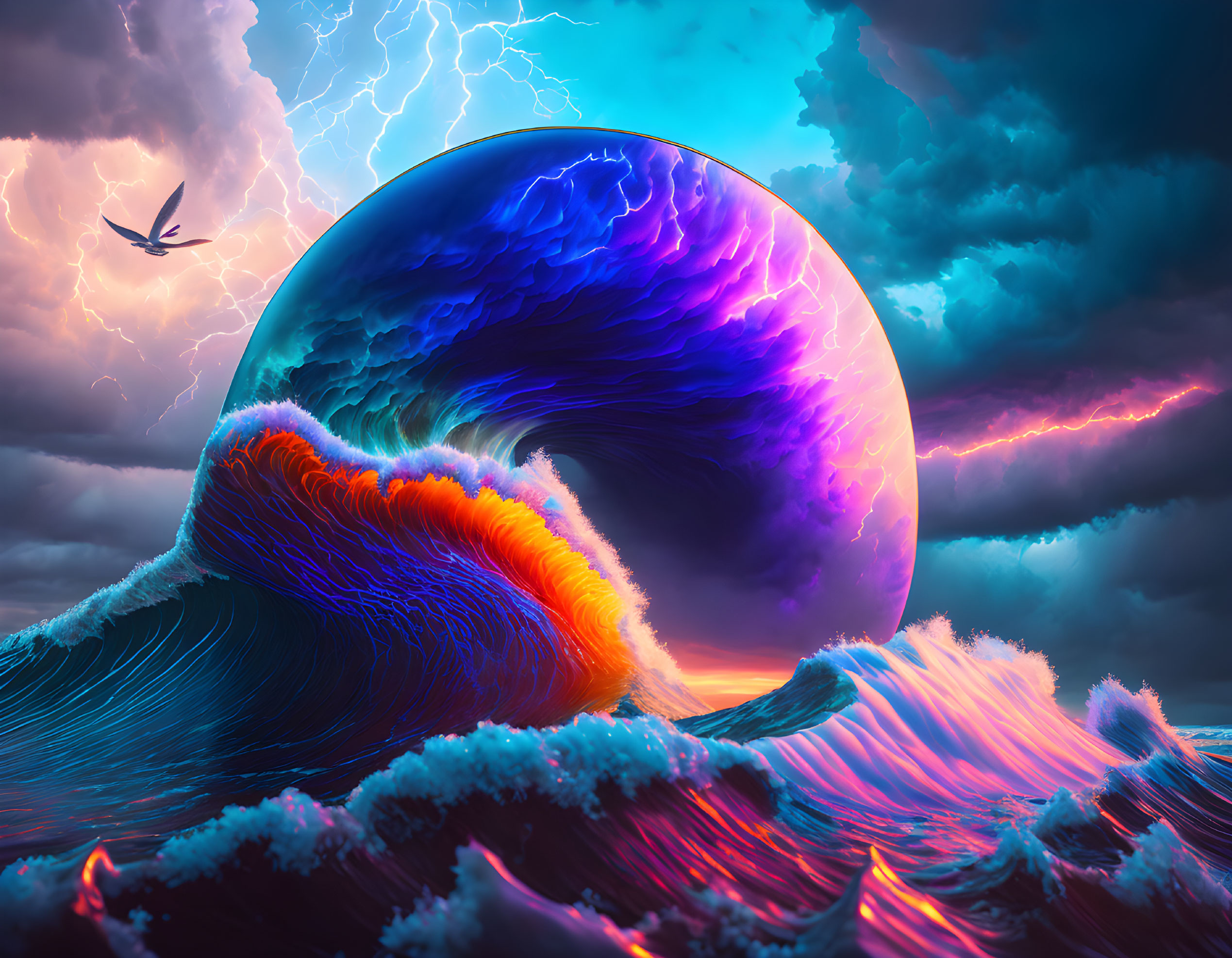 Surreal digital artwork: luminescent wave, giant sphere, stormy sky