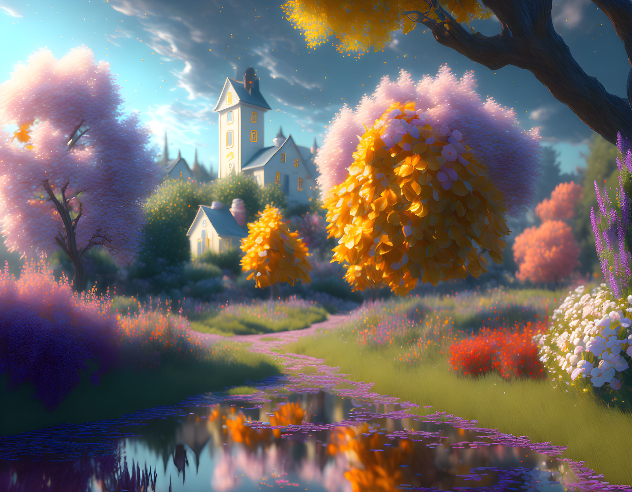 Vibrant flowers, autumn trees, reflective pond, and quaint house in warm sunset light