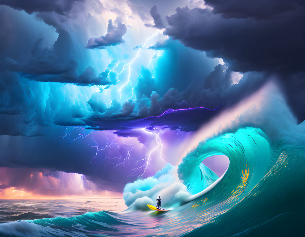Surfer Riding Massive Wave Under Dramatic Twilight Sky