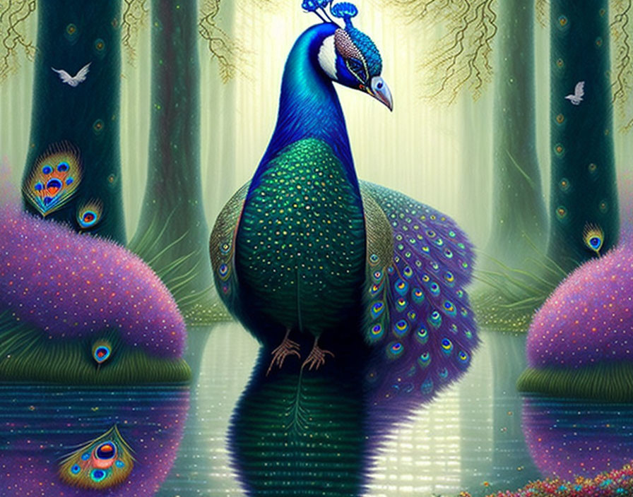 Colorful Peacock Illustration with Tail Feathers in Fantastical Setting
