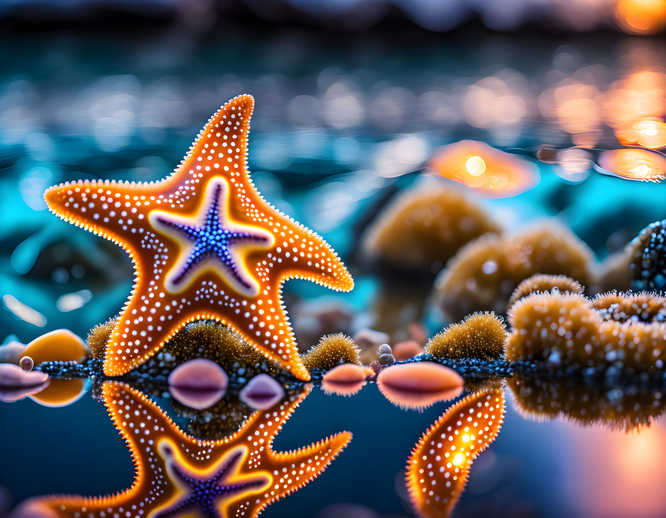 Orange Starfish with White Spots on Reflective Surface with Blurred Water and Bokeh Lights