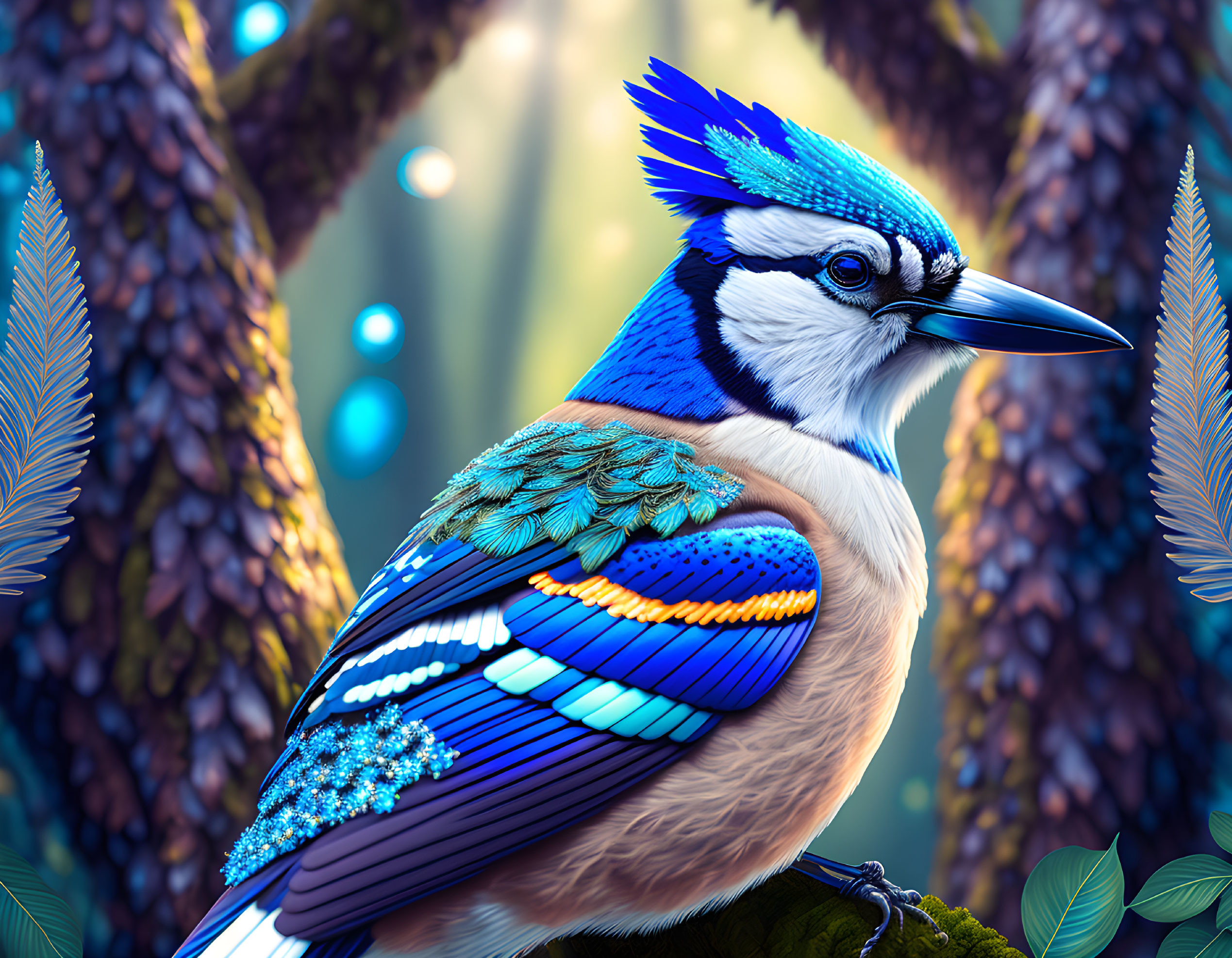 Colorful Bird with Blue and Orange Plumage in Forest Setting with Sunbeams