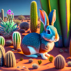 Colorful illustration of large and small rabbits in desert with cacti