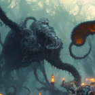 Dark octopus-like creature in eerie underwater scene with glowing orange orbs and twisting tentacles