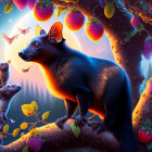 Vibrant raccoon-like creature with bird on fruit tree branch in enchanted forest at dusk