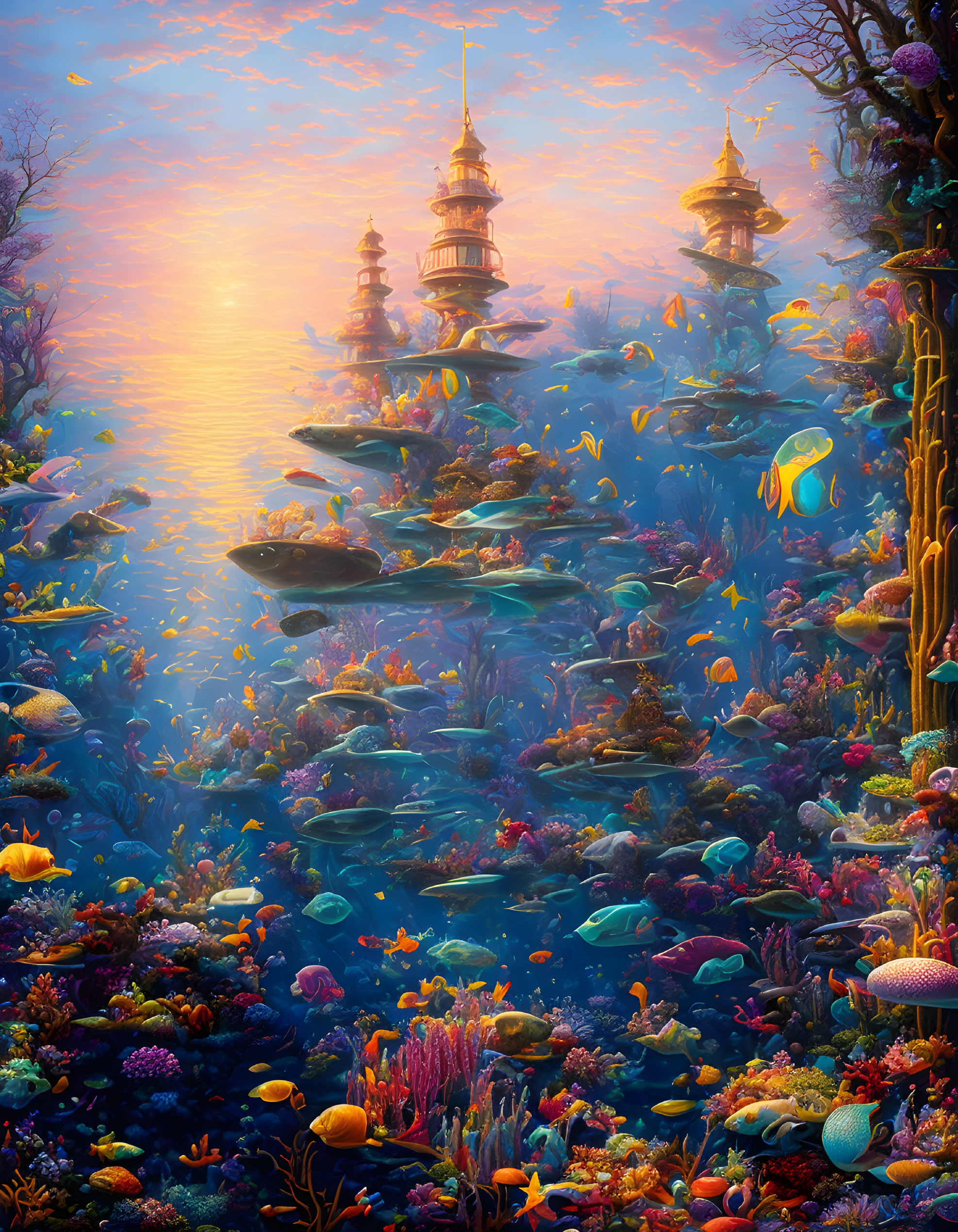 Colorful Underwater Scene with Coral, Fish, and Towers at Sunset