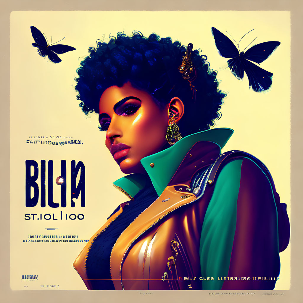 Stylized portrait of woman with afro in green and brown jacket surrounded by blue butterflies