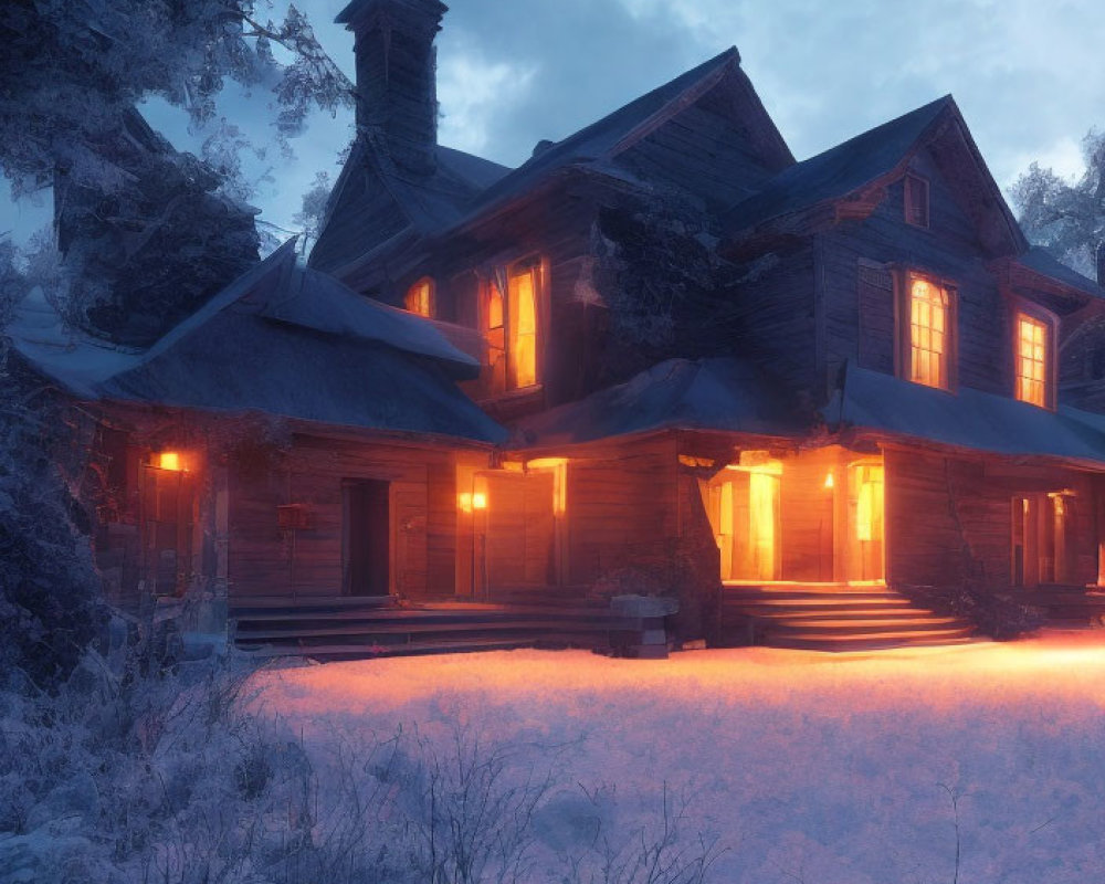 Spacious wooden cabin in snowy twilight landscape