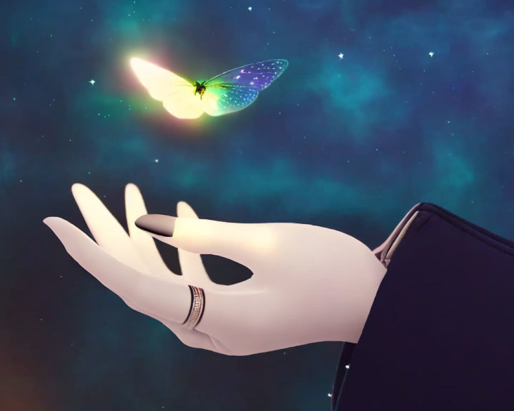 Glowing butterfly and robotic hand in digital art piece