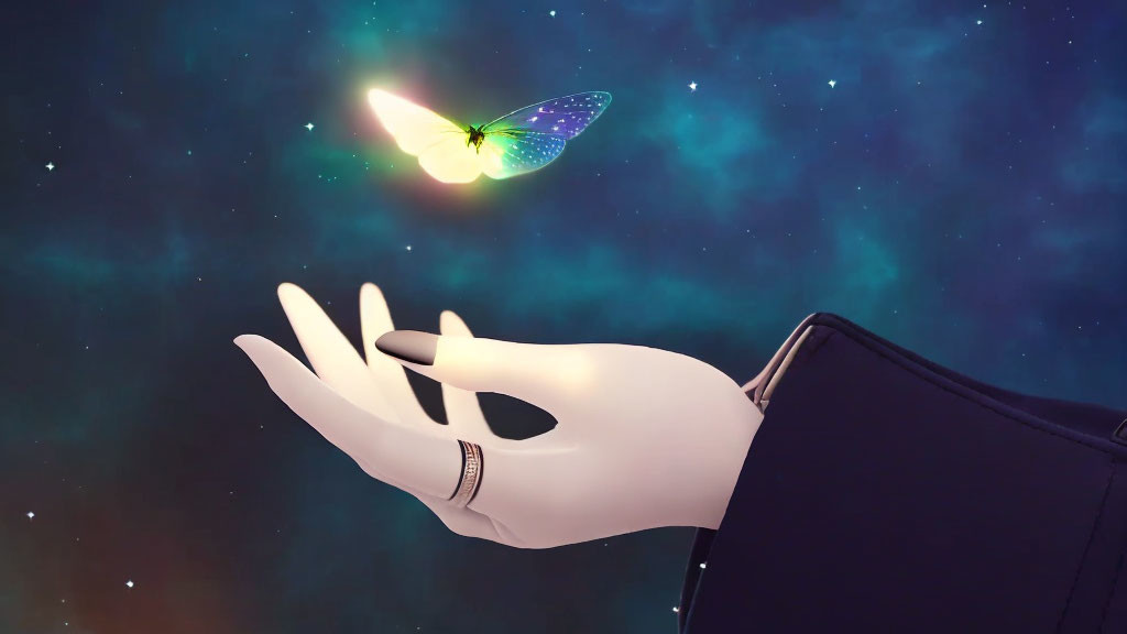 Glowing butterfly and robotic hand in digital art piece