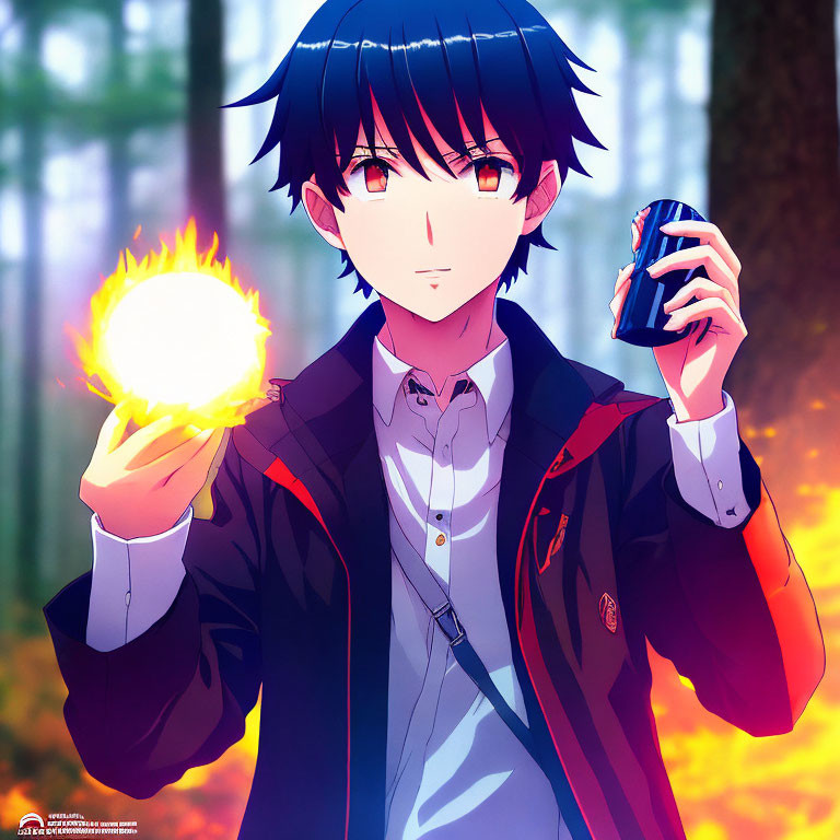 Black-haired anime character holding glowing orb and soda can in autumn forest
