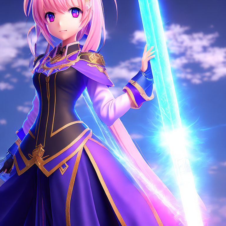 Anime-style character with pink hair in purple and gold outfit wields glowing blue sword under twilight sky