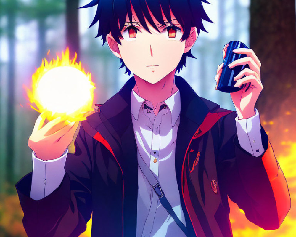 Black-haired anime character holding glowing orb and soda can in autumn forest