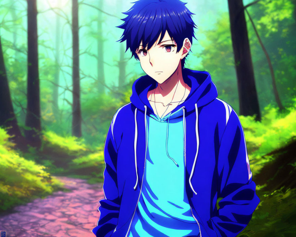 Blue-Haired Anime Character in Hoodie Stands in Sunlit Forest Pathway
