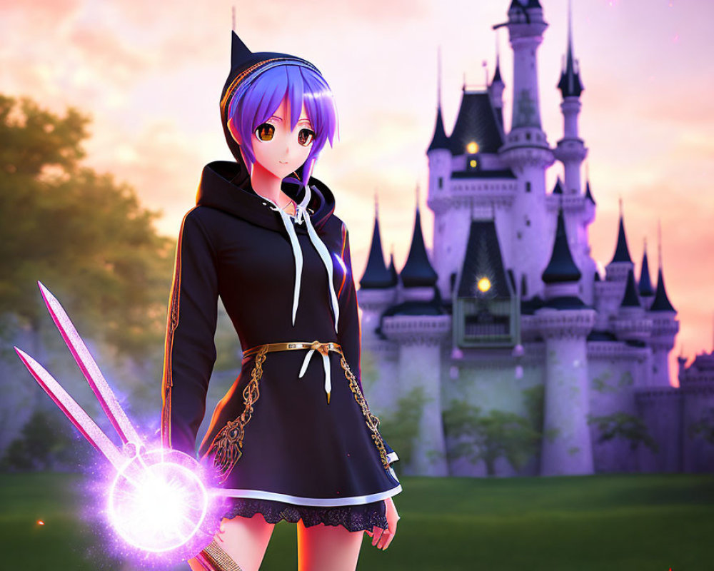Purple-haired anime girl wields glowing sword at sunset castle
