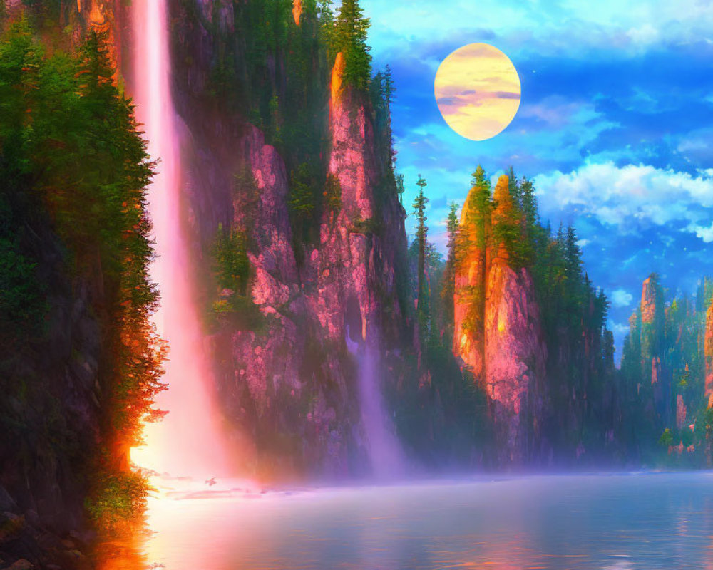 Scenic sunset with full moon, misty lake, towering cliffs, and waterfall