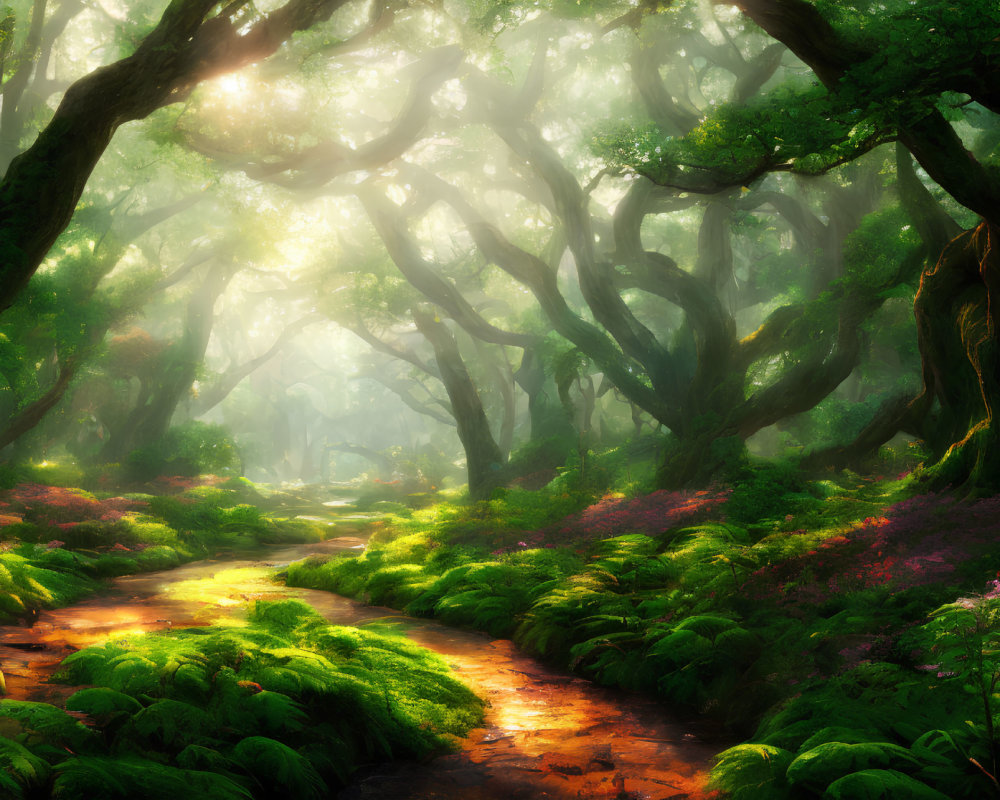 Tranquil Forest Scene with Sunlight and Vibrant Flora