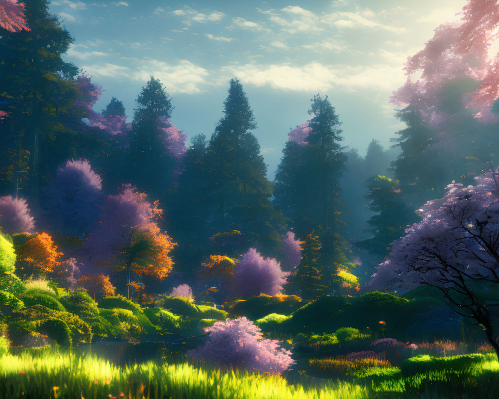 Tranquil forest clearing with colorful trees and cherry blossoms