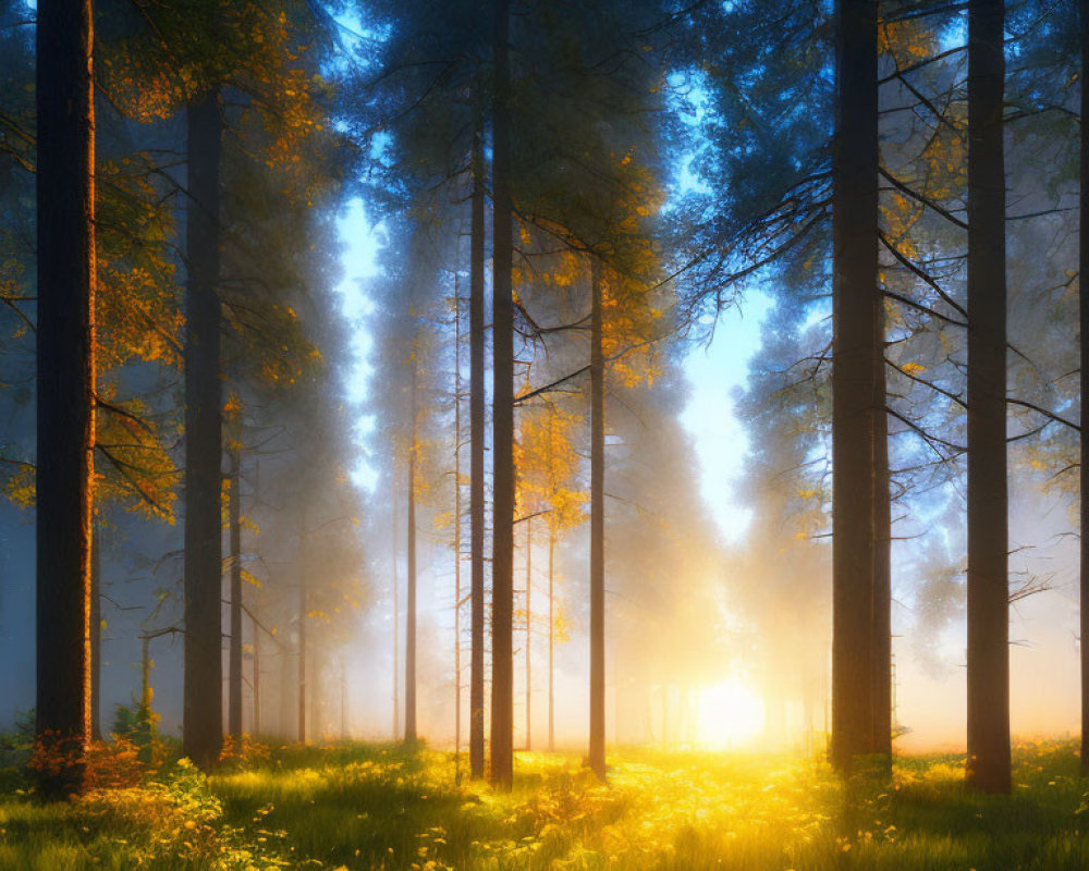 Misty forest at sunrise with tall trees and long shadows