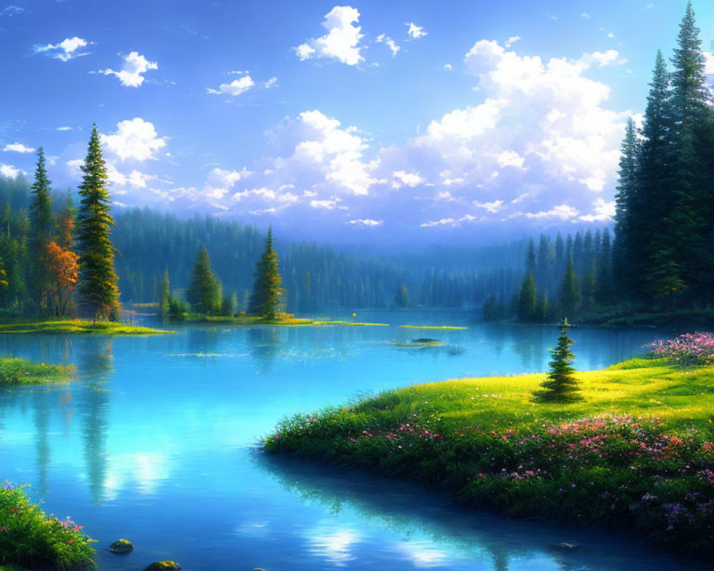 Tranquil Lake Scene with Blue Waters and Pine Trees
