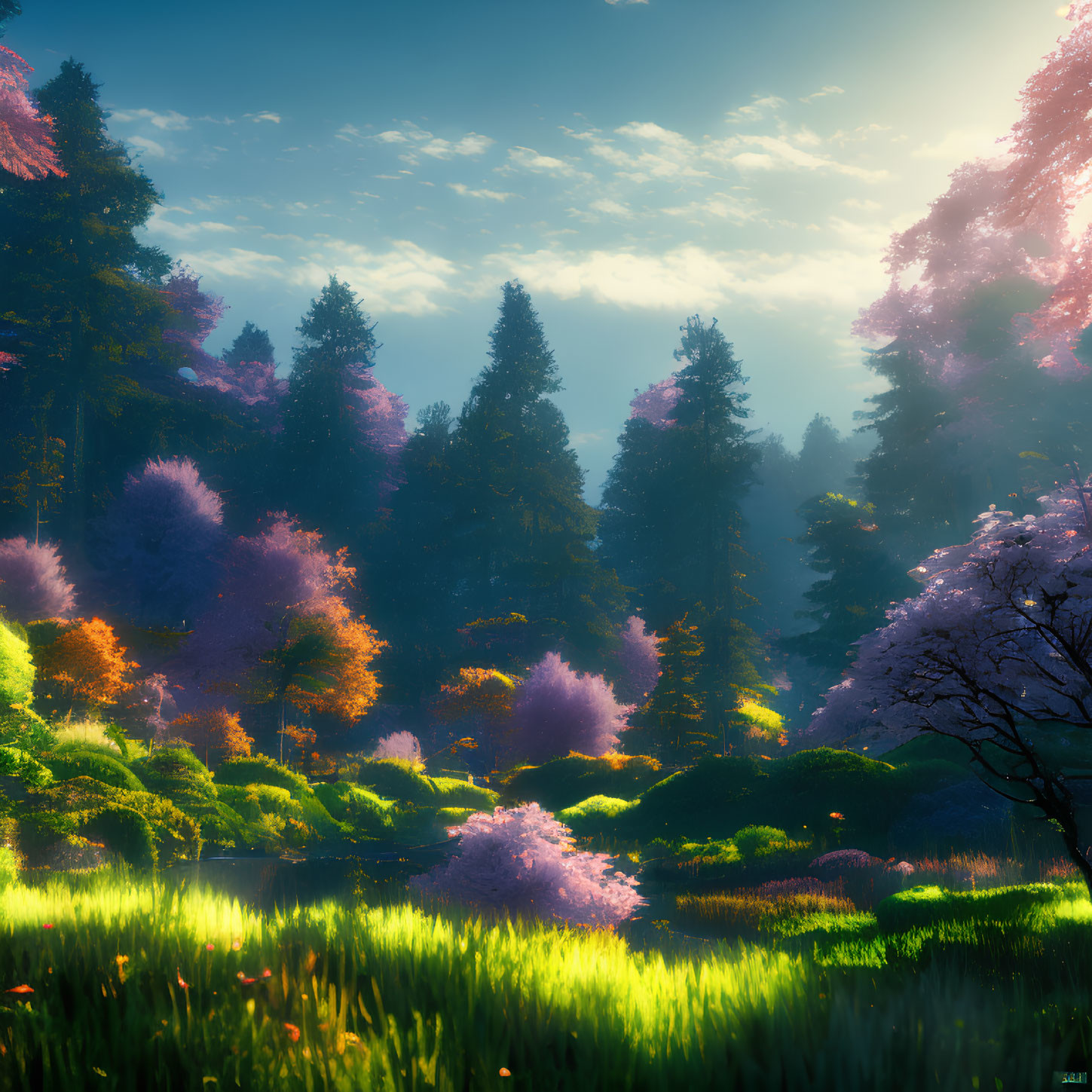 Tranquil forest clearing with colorful trees and cherry blossoms
