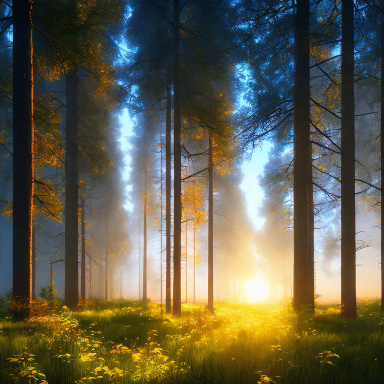 Misty forest at sunrise with tall trees and long shadows
