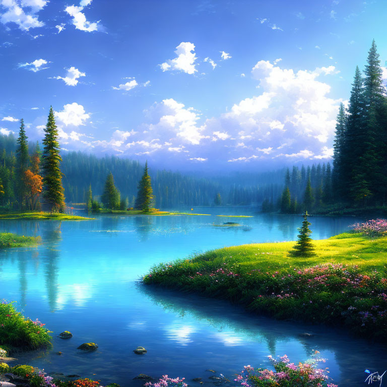 Tranquil Lake Scene with Blue Waters and Pine Trees