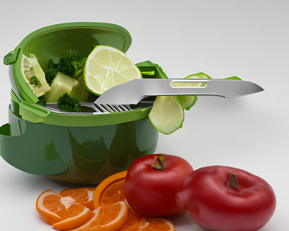 Green Salad Bowl with Broccoli, Cucumber, Lime, Tomatoes, and Orange