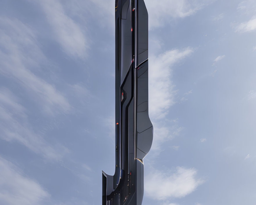 Sleek Black Skyscraper with Futuristic Design and Orange Accents
