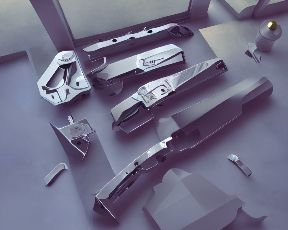 Futuristic white and black gun parts on modern grey floor