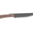 Black-bladed knife with cutout and metal rivets.