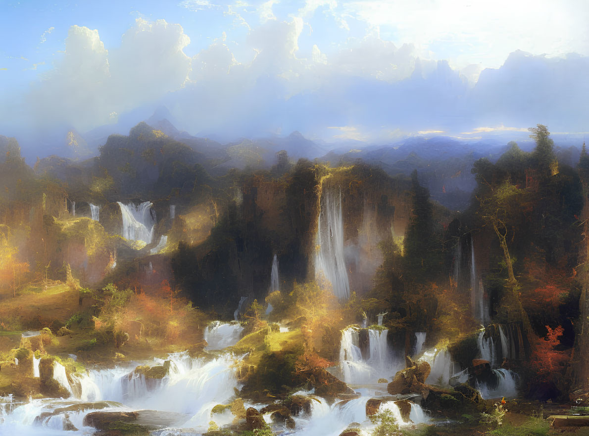 Scenic landscape painting with waterfalls, forests, and mountains
