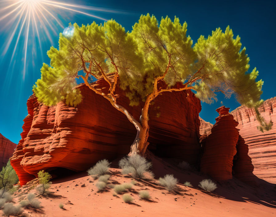 Vibrant tree amid red rock formations in desert landscape