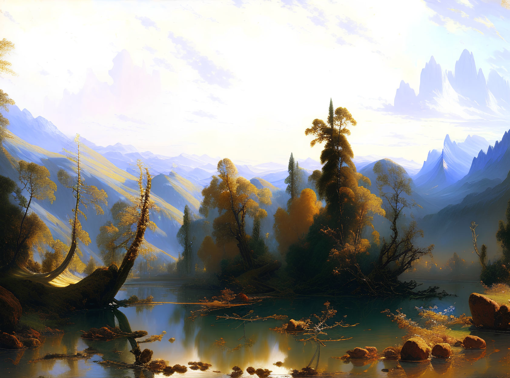 Tranquil landscape painting of serene lake, lush trees, golden hues, mountains, hazy sky