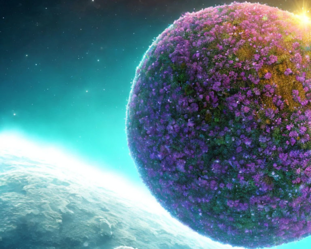 Colorful flower-covered planet near star with glowing edges and asteroids.