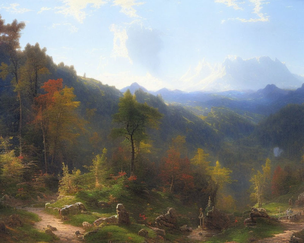 Vibrant autumn forest scene with mountains and figure