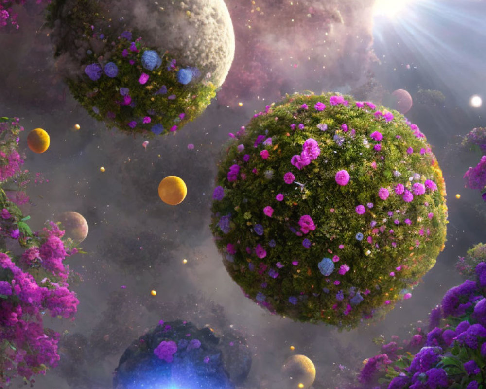 Vibrant Flowering Gardens in Space with Cosmic Background