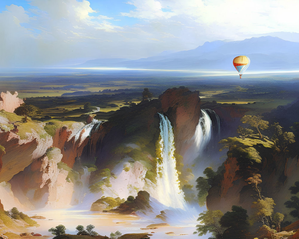 Scenic landscape with waterfalls, hot air balloon, and mountains