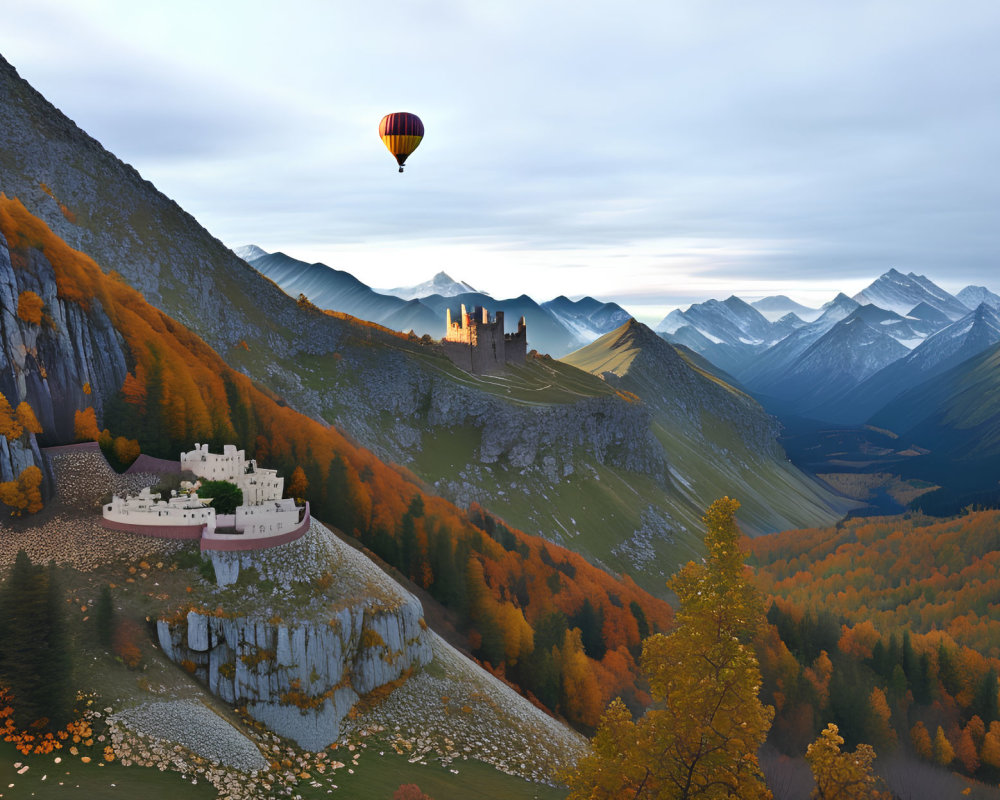 Hot air balloon over autumn valley with castle at twilight