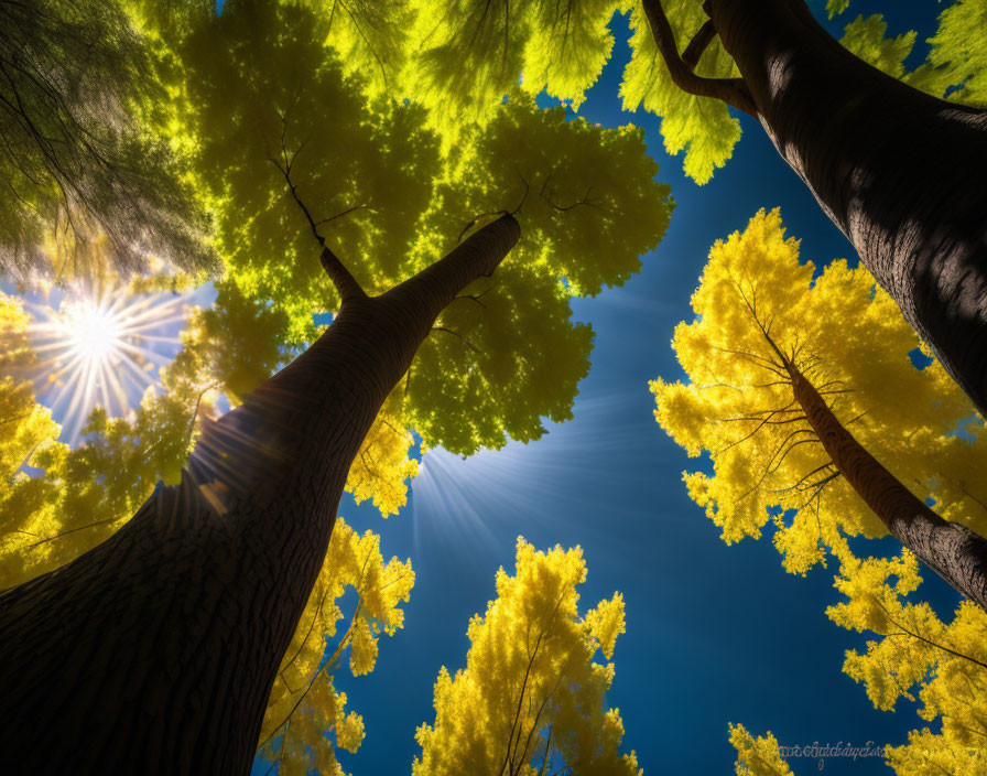 Towering Trees with Yellow Leaves Against Blue Sky and Sunbeams