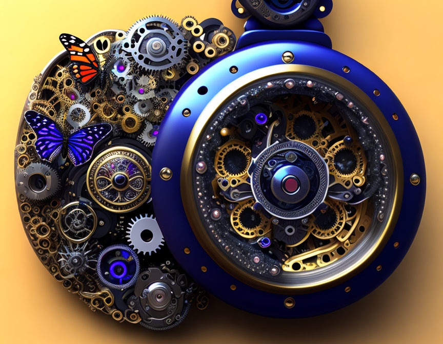 Intricate digital artwork of gears, butterflies in blue and gold sphere