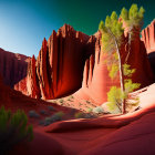 Vibrant desert canyon with red rock formations, stream, and green foliage