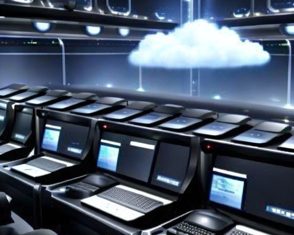 Rows of computer workstations in futuristic control room with glowing cloud above