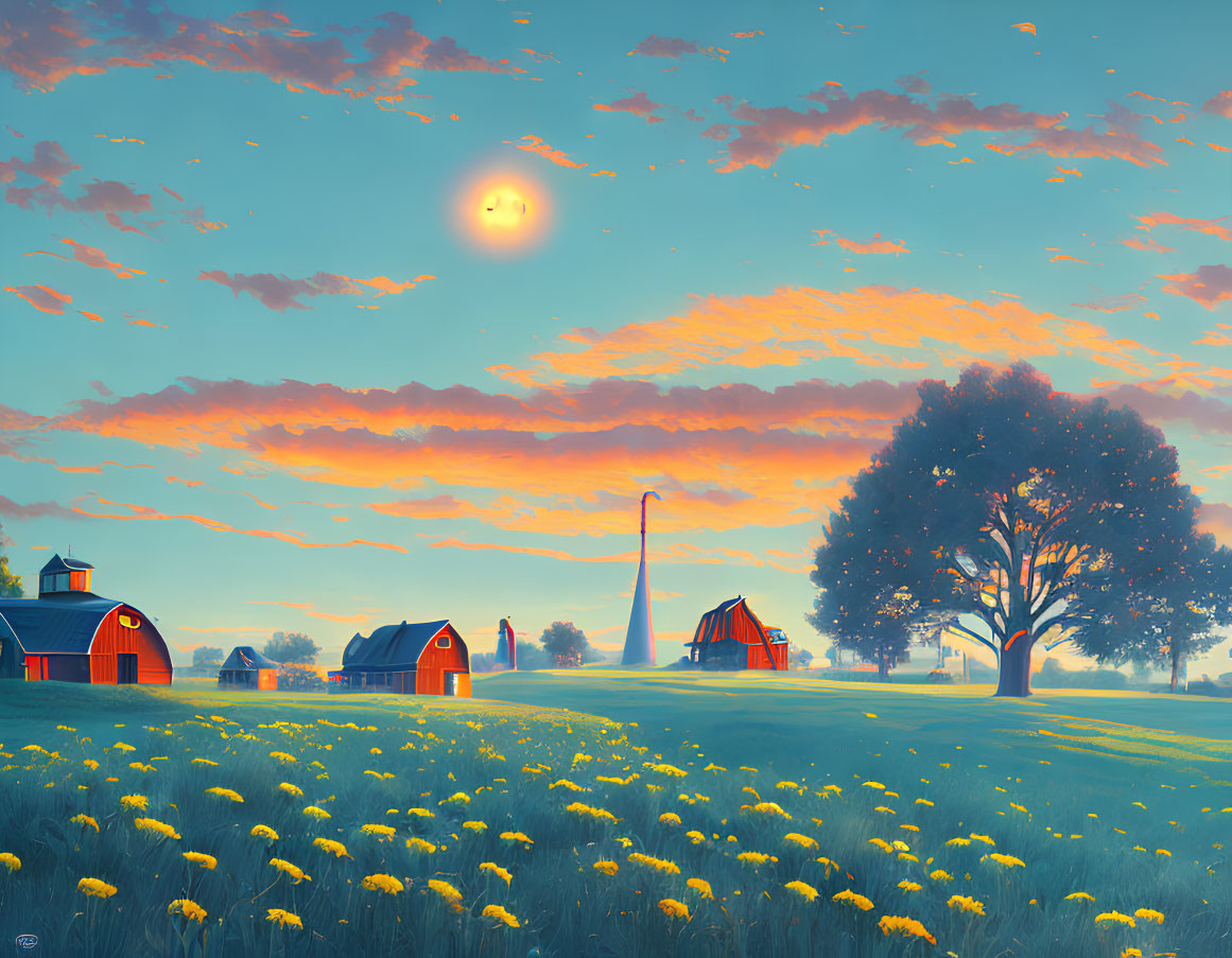 Tranquil rural sunset scene with red barns, tree, dandelions, and smiling moon