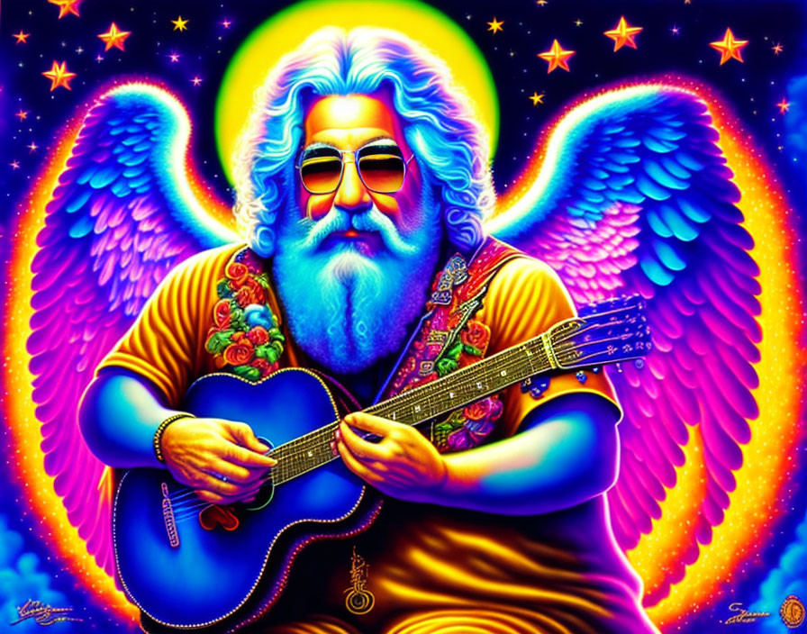Psychedelic angelic figure playing guitar surrounded by stars