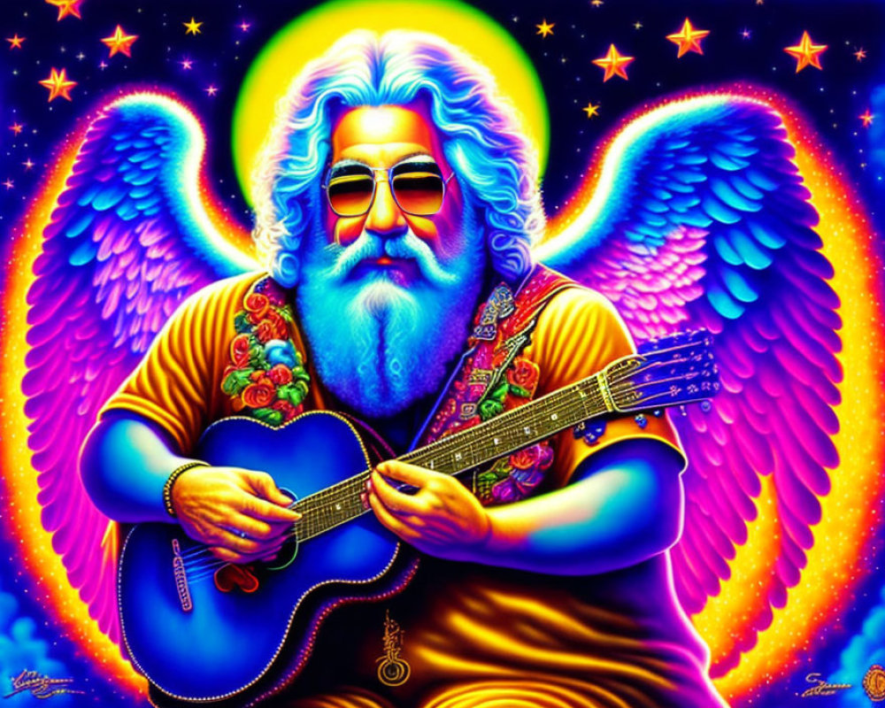 Psychedelic angelic figure playing guitar surrounded by stars