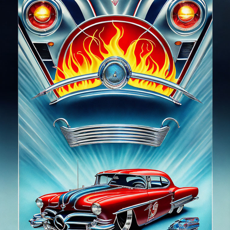 Vintage Red and Black Car with Flames and Flaming Eight Ball Illustration