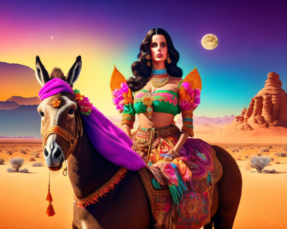 Woman in traditional attire rides donkey in desert with dual moons