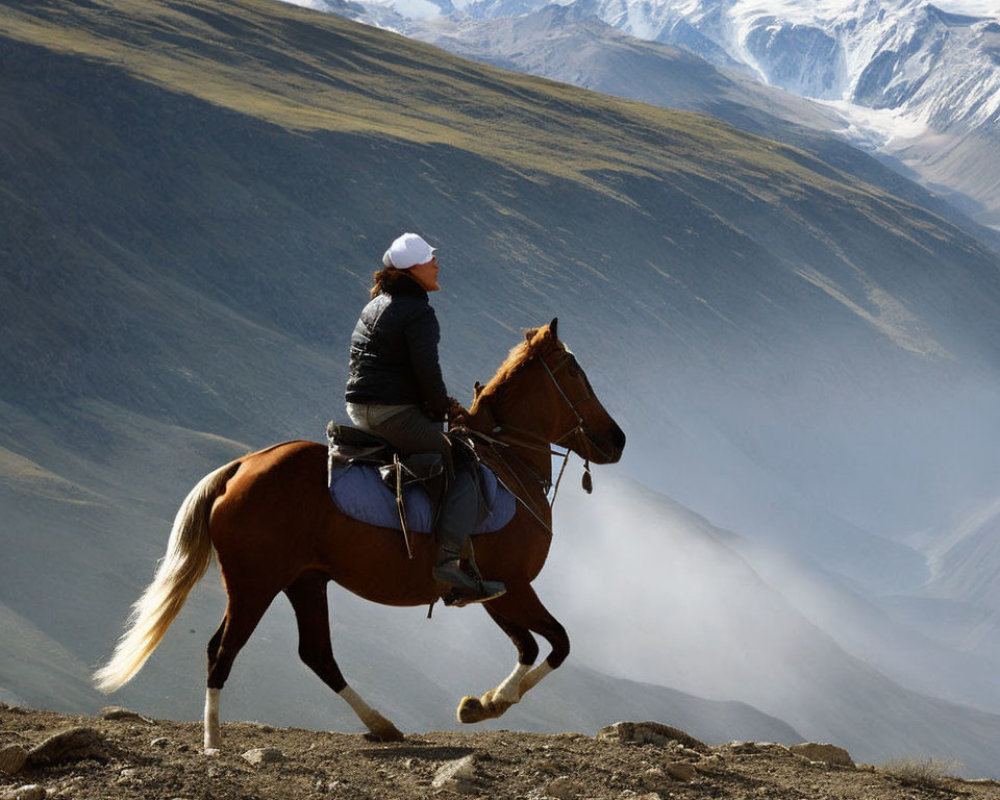 Chestnut Horse Rider in Mountainous Landscape