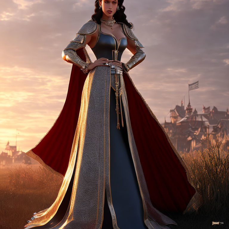 Imposing female figure in medieval dress with silver armor and red cape at sunset